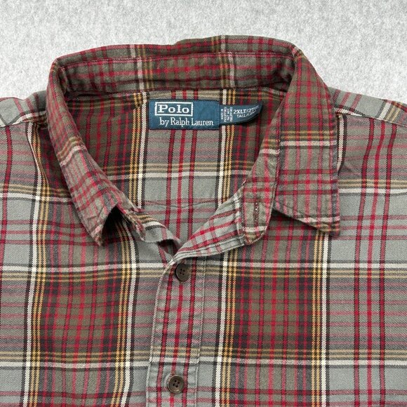 Polo by Ralph Lauren Plaid Flannel Shirt Size 2XLT Red Green Button Down Top - Picture 3 of 14